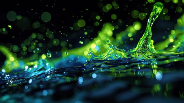 Green and blue liquid mixed on a black background. Generative AI image
