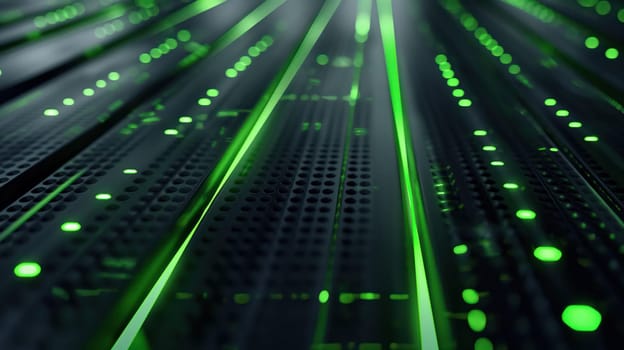 Black technology futuristic background with green neon effect. Generative AI design