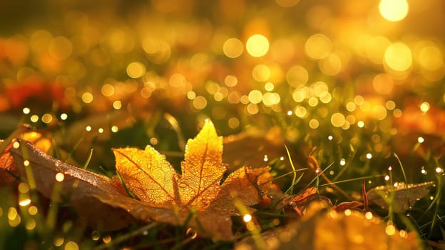 Golden orange autumn leaves and grass with drops of water dew in shining light. Generative AI image