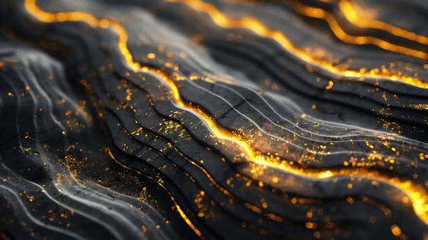 Abstract black grunge stone texture and golden liquid background. Generative AI design