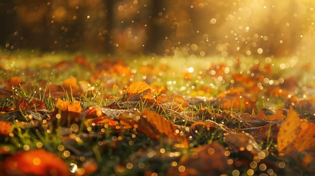 Golden orange autumn leaves and grass with drops of water dew in shining light. Generative AI image