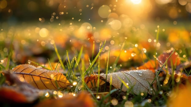 Golden orange autumn leaves and grass with drops of water dew in shining light. Generative AI image
