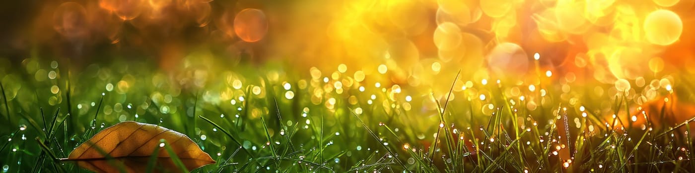 Golden orange autumn leaves and grass with drops of water dew in shining light. Generative AI image