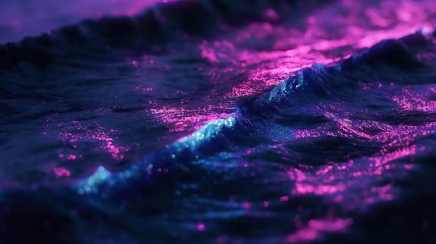 Dark grunge stone texture and purple blue glowing neon waves abstract background. Generative AI design