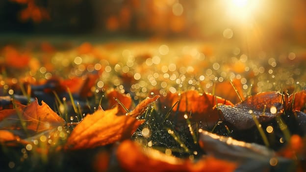 Golden orange autumn leaves and grass with drops of water dew in shining light. Generative AI image