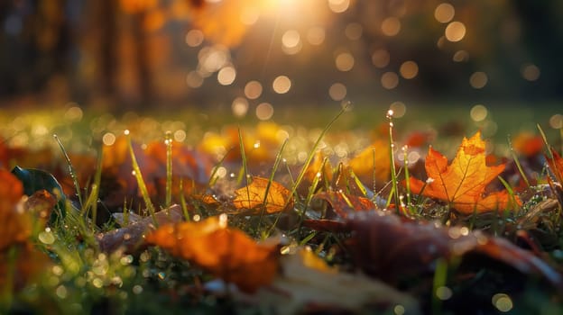 Golden orange autumn leaves and grass with drops of water dew in shining light. Generative AI image