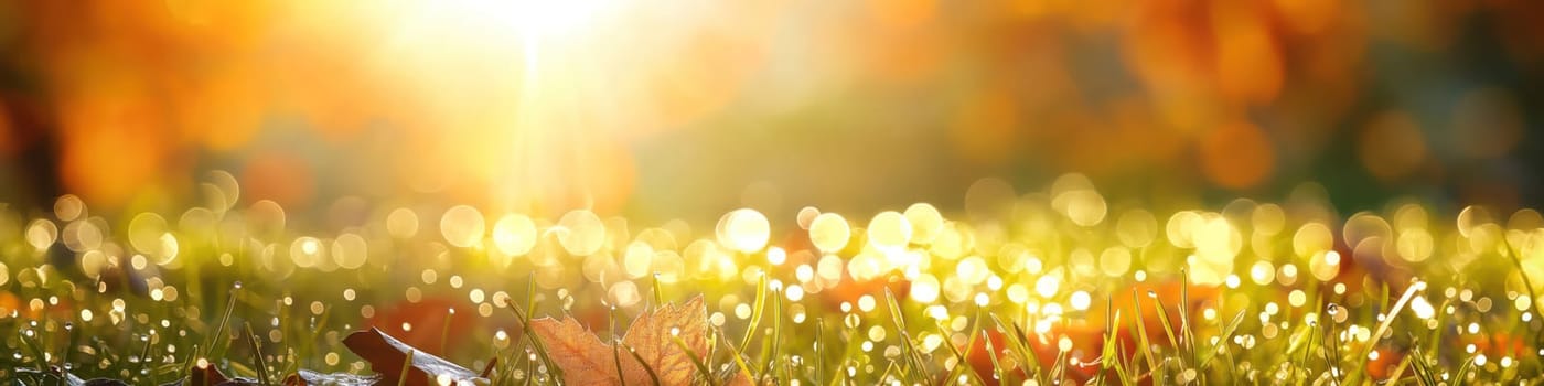 Golden orange autumn leaves and grass with drops of water dew in shining light. Generative AI image