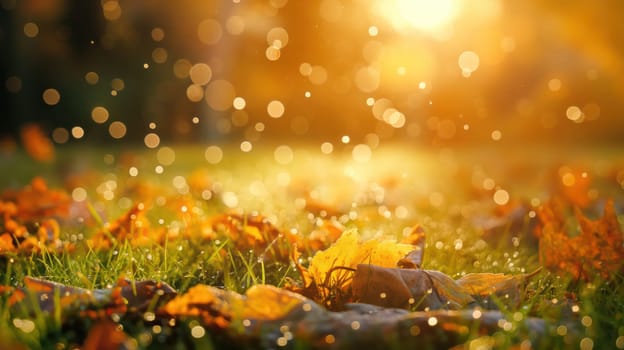 Golden orange autumn leaves and grass with drops of water dew in shining light. Generative AI image