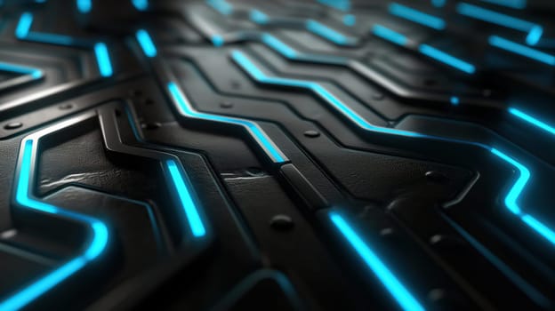 Black technology chip surface with blue neon lines abstract background. Generative AI design