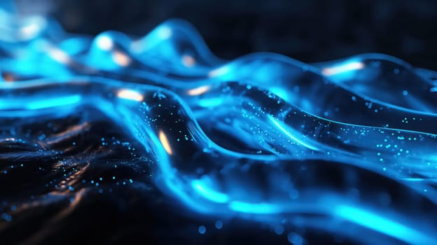 Blue sparkling neon wavy lines abstract background. Generative AI design