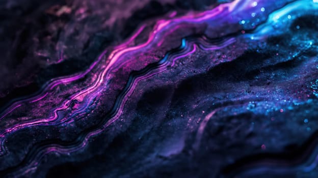 Dark grunge stone texture and purple blue glowing neon waves abstract background. Generative AI design