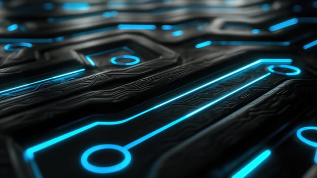 Black technology chip surface with blue neon lines abstract background. Generative AI design