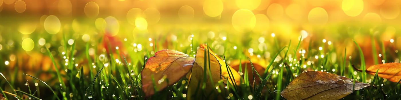 Golden orange autumn leaves and grass with drops of water dew in shining light. Generative AI image