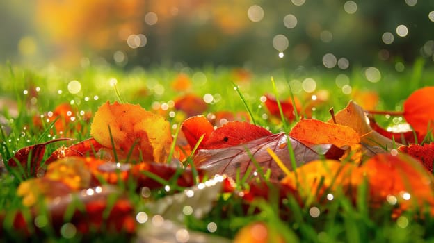Golden orange autumn leaves and grass with drops of water dew in shining light. Generative AI image