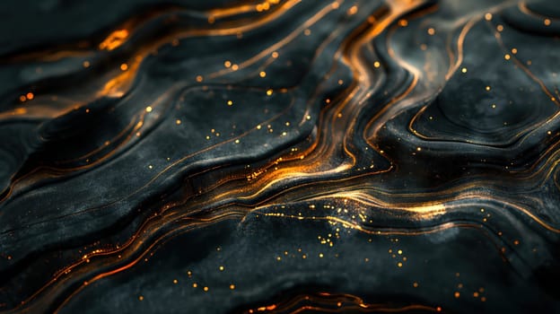 Abstract black grunge stone texture and golden liquid background. Generative AI design