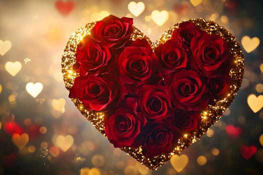Beautiful heart-shaped arrangement of red roses with golden glitter accents, set against a glowing background with bokeh lights. Perfect for romance, love, and Valentine's Day themes.