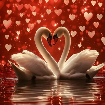 Two elegant swans gracefully forming a heart shape with their necks on a reflective water surface. The glowing red background with floating hearts enhances the romantic and dreamy atmosphere.