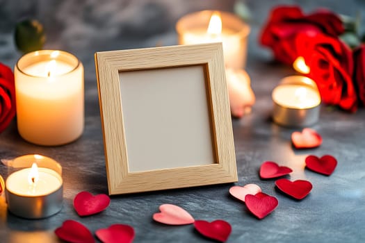 Elegant blank photo frame surrounded by lit candles, red roses, and heart-shaped decorations on a textured surface. A perfect setting for love, romance, and sentimental memories.