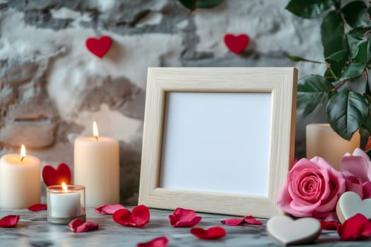 Elegant blank photo frame surrounded by lit candles, red roses, and heart-shaped decorations on a textured surface. A perfect setting for love, romance, and sentimental memories.