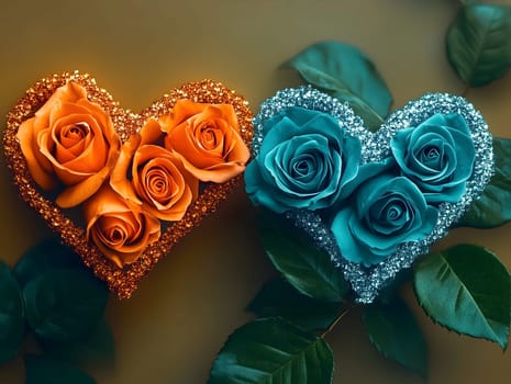 Two elegant heart-shaped floral arrangements featuring vibrant orange and blue roses, adorned with sparkling accents. A beautiful and artistic composition symbolizing love and harmony.