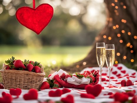 Beautiful outdoor picnic with strawberries, champagne, and heart decorations under a tree with fairy lights. A romantic and elegant setting perfect for love and celebration.
