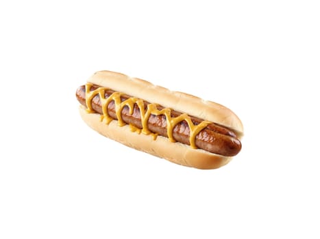 Plump bratwurst sausage on a crusty roll with sauerkraut and mustard, mouthwatering grill marks, warm tones, action shot in motion.