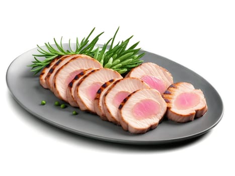 Juicy pork tenderloin medallions with grill marks, succulent pink center, vibrant green herbs, modern minimalist plating, refined image..