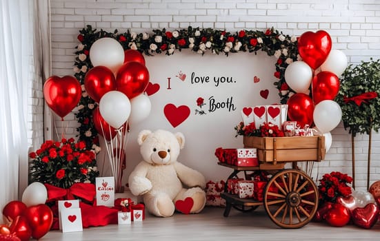 Beautiful Valentine's Day setup featuring red and white balloons, roses, a teddy bear, and romantic gift boxes. A festive and charming scene perfect for love and celebration.