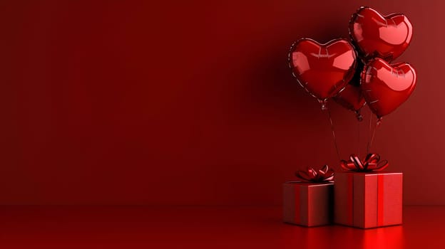 Elegant red-themed composition featuring heart-shaped balloons and gift boxes against a minimalist background. A romantic and stylish setting perfect for love and celebration.