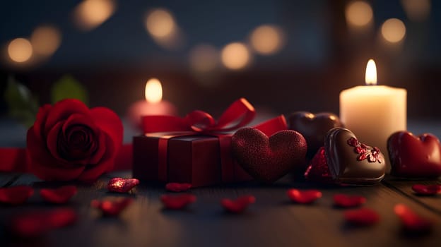 Elegant candlelit setting featuring a red gift box, roses, heart-shaped chocolates, and soft glowing lights. A warm and intimate atmosphere perfect for love and romance.