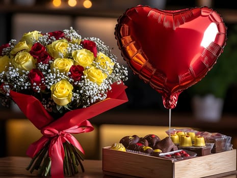 Elegant romantic gift arrangement featuring a bouquet of yellow and red roses, a heart-shaped balloon, and a box of chocolates. A perfect surprise for love, celebration, and special occasions.