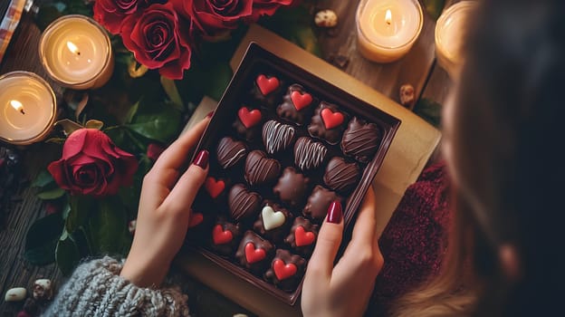 Elegant box of heart-shaped chocolates surrounded by red roses and candlelight. A warm and romantic atmosphere perfect for Valentine's Day, anniversaries, and special celebrations.