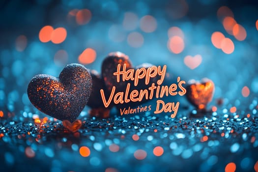 Beautiful Valentine's Day greeting with glittery hearts and glowing bokeh lights in a dreamy blue and orange color scheme. A festive and romantic celebration of love and affection.