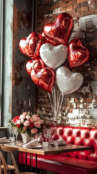 Beautifully decorated restaurant table featuring red and white heart-shaped balloons, a bouquet of roses, and an elegant dining setup. A perfect ambiance for love and special celebrations.