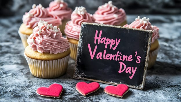 Delicious cupcakes with pink frosting, heart-shaped cookies, and a chalkboard sign reading "Happy Valentine's Day." A sweet and festive celebration of love and romance.