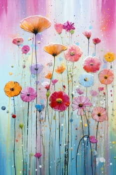 A vibrant display of abstract flowers with soft petals and colorful hues spreads across the canvas, creating a joyful and lively atmosphere - Generative AI