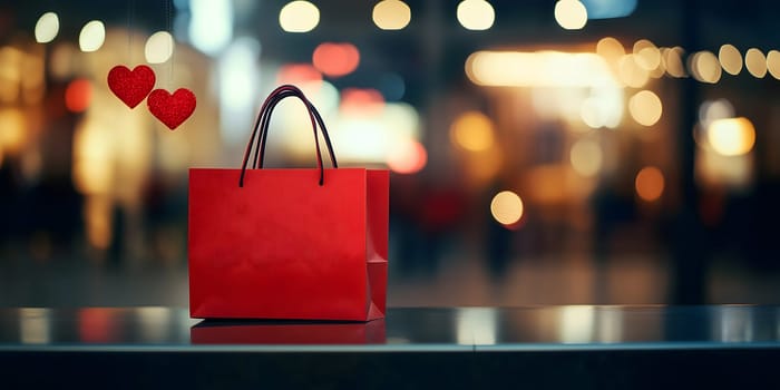 Elegant red shopping bag placed on a reflective surface with floating hearts and a blurred city lights background. A stylish and romantic concept perfect for love, gifts, and shopping.