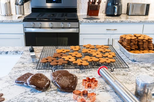 Freshly baked gingerbread cookies find their place on a cooling wire rack in a modern white kitchen, filling the air with festive aromas.