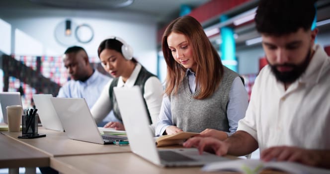 College Student Woman Learning Online With Laptop And University Library