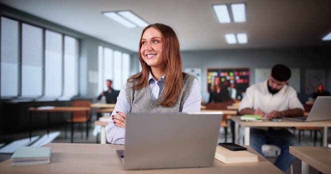 Lost Student in Classroom. Thinking Woman With Idea