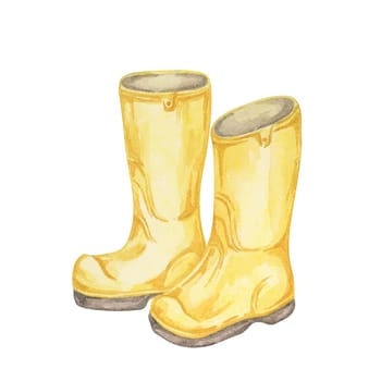 Yellow rubber boots illustration. Gardening shoes, farmer footwear for spring or autumn. Watercolor clipart for gardening merchandise, crafting projects, themed party invitations, or scrapbooking kits