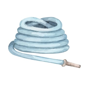 Blue water hose with metal nose. Plastic or rubber tube for lawn watering, gardening accessory. Watercolor isolated clipart for farmhouse designs, garden works flyers and stickers, DYI cards