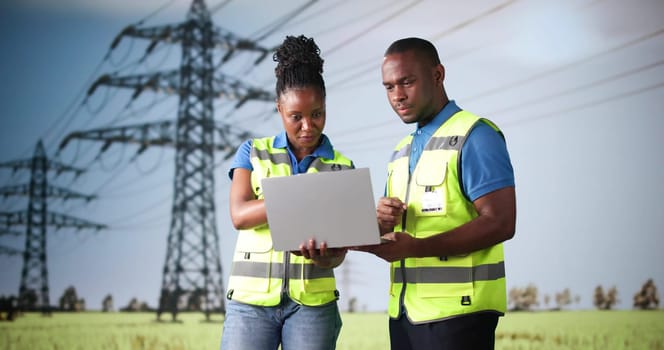 Engineers Using Computer Technology New Energy Tower. Electricity And Power