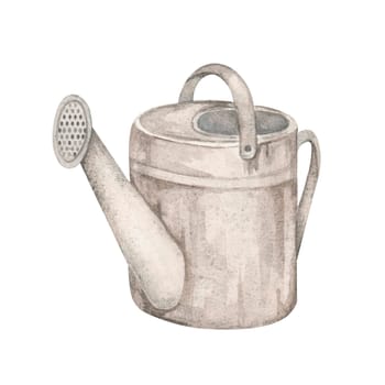 A vintage-style gray watering can. Farmhouse metal can watercolor clipart. Great for rustic-themed designs, gardening illustrations, or patterns for farm-inspired postcard, scrapbooking, stickers