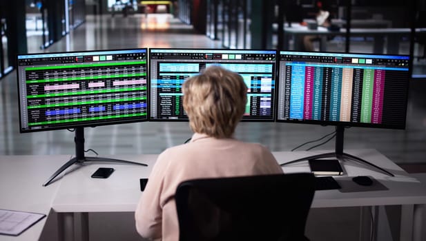 Computer Spreadsheet Data Analyst Woman Using Multiple Screens