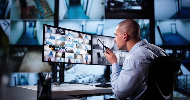 Security System Cctv Monitor Room. Man Using Walkie Talkie