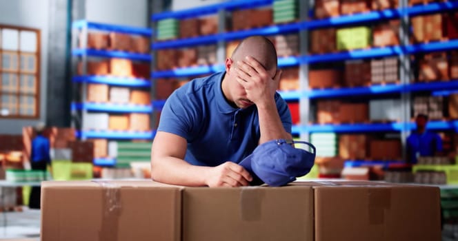 Sad Stressed Delivery Man Worker At Warehouse