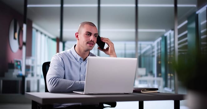 Businessman Utilizing Smartphone To Check Online House Listing Contact At Corporate Office, Real Estate Agent At Work.