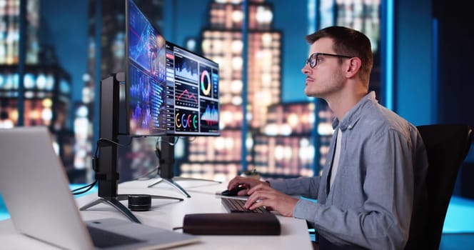 Business Man Analyst Using KPI Data On Computer