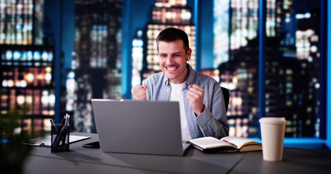 Analyst Man Looking On Computer. Excited Investor Celebration